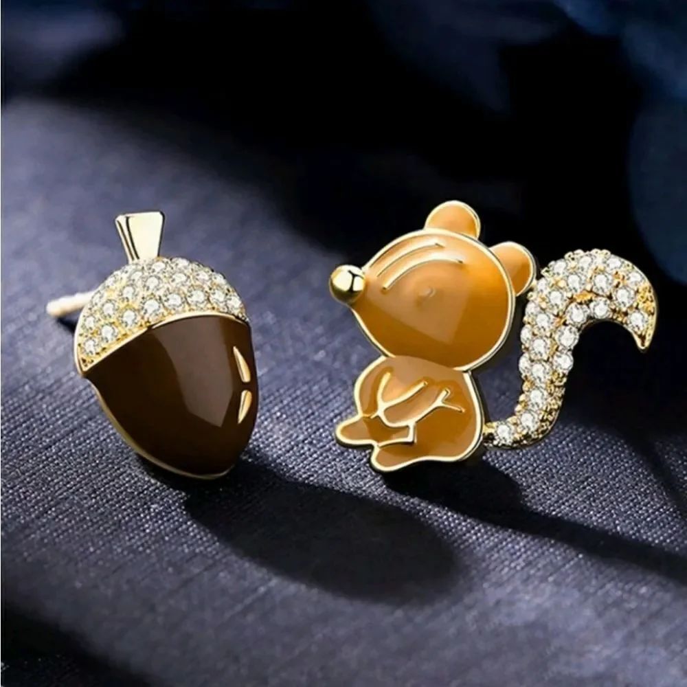 Squirrel and Acorn Asymmetrical Stud Earrings